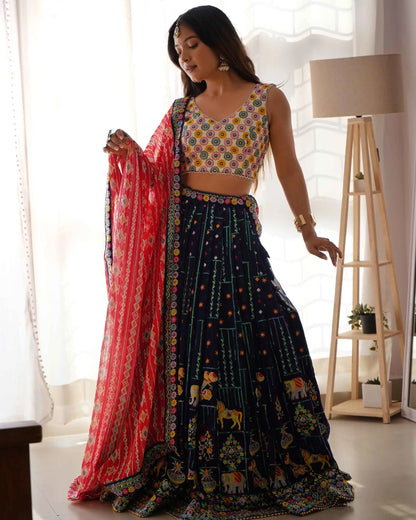 Navy Blue Georgette Thread Embroidery & Sequins Work Lehenga