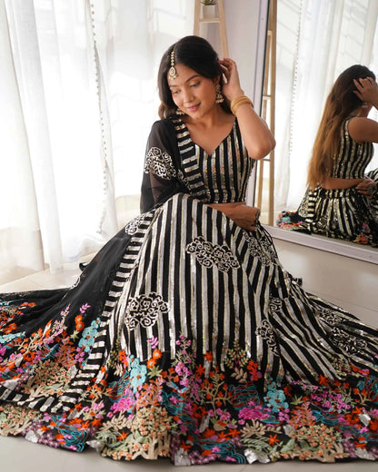 Black Heavy Sequins & Multi Thread Embroidery Work Lehenga And Dupatta