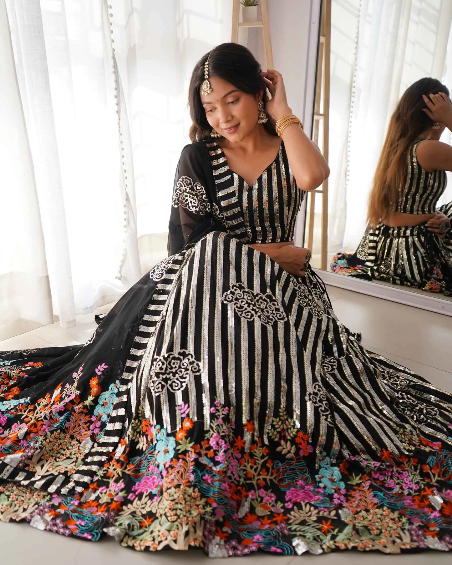 Black Heavy Sequins & Multi Thread Embroidery Work Lehenga And Dupatta