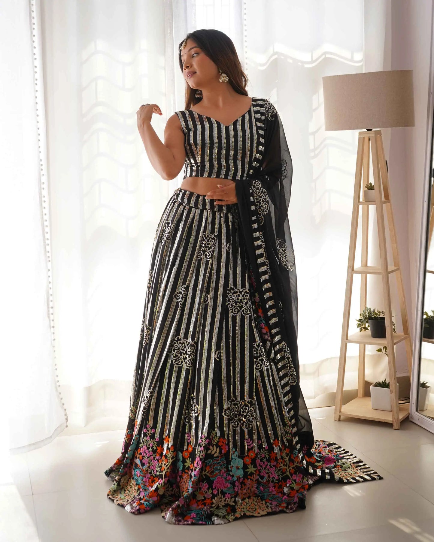 Black Heavy Sequins & Multi Thread Embroidery Work Lehenga And Dupatta