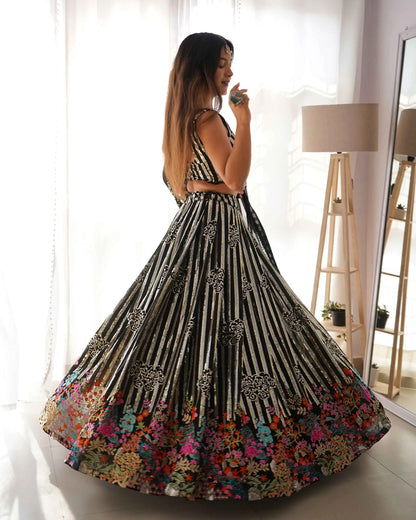 Black Heavy Sequins & Multi Thread Embroidery Work Lehenga And Dupatta