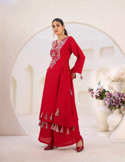Red Thread Embroidery And Real Mirror Work Rayon Palazzo Set