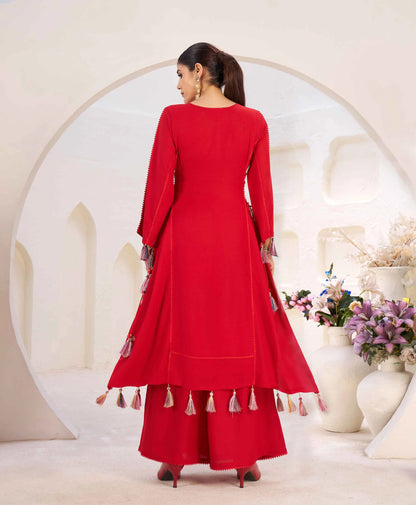 Red Thread Embroidery And Real Mirror Work Rayon Palazzo Set