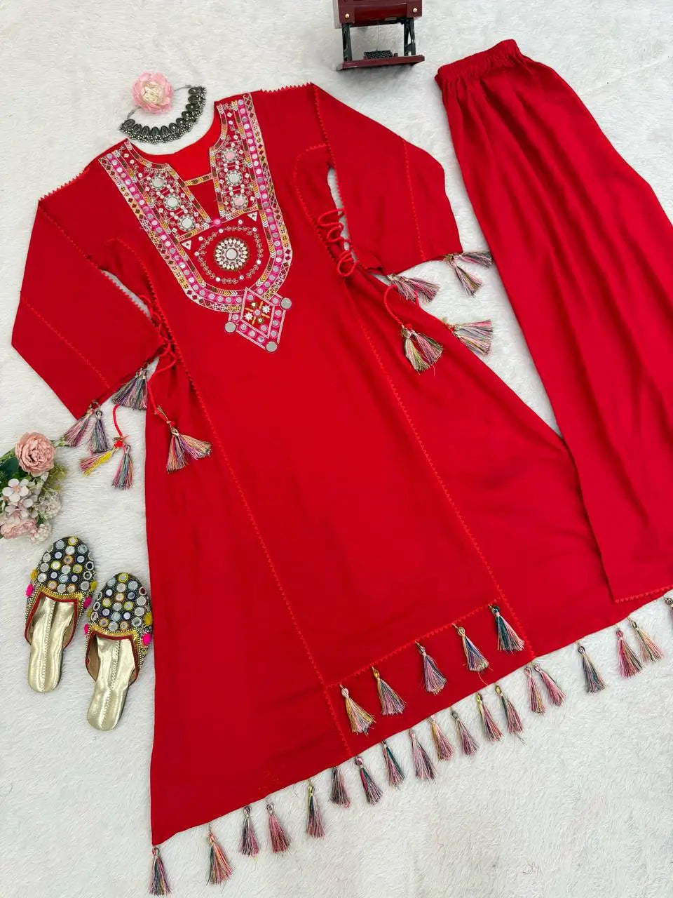 Red Thread Embroidery And Real Mirror Work Rayon Palazzo Set