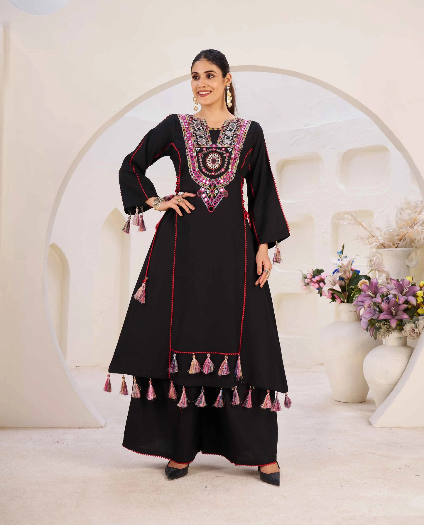 Black Thread Embroidery And Real Mirror Work Rayon Palazzo Set