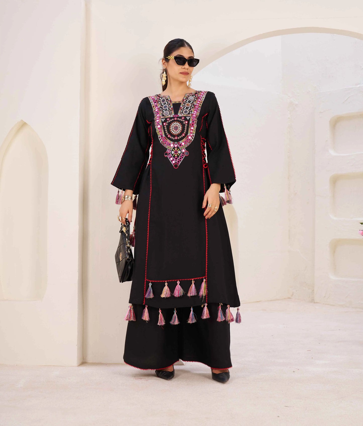 Black Thread Embroidery And Real Mirror Work Rayon Palazzo Set