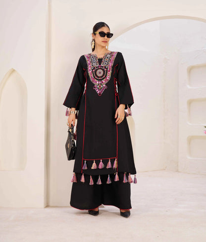 Black Thread Embroidery And Real Mirror Work Rayon Palazzo Set