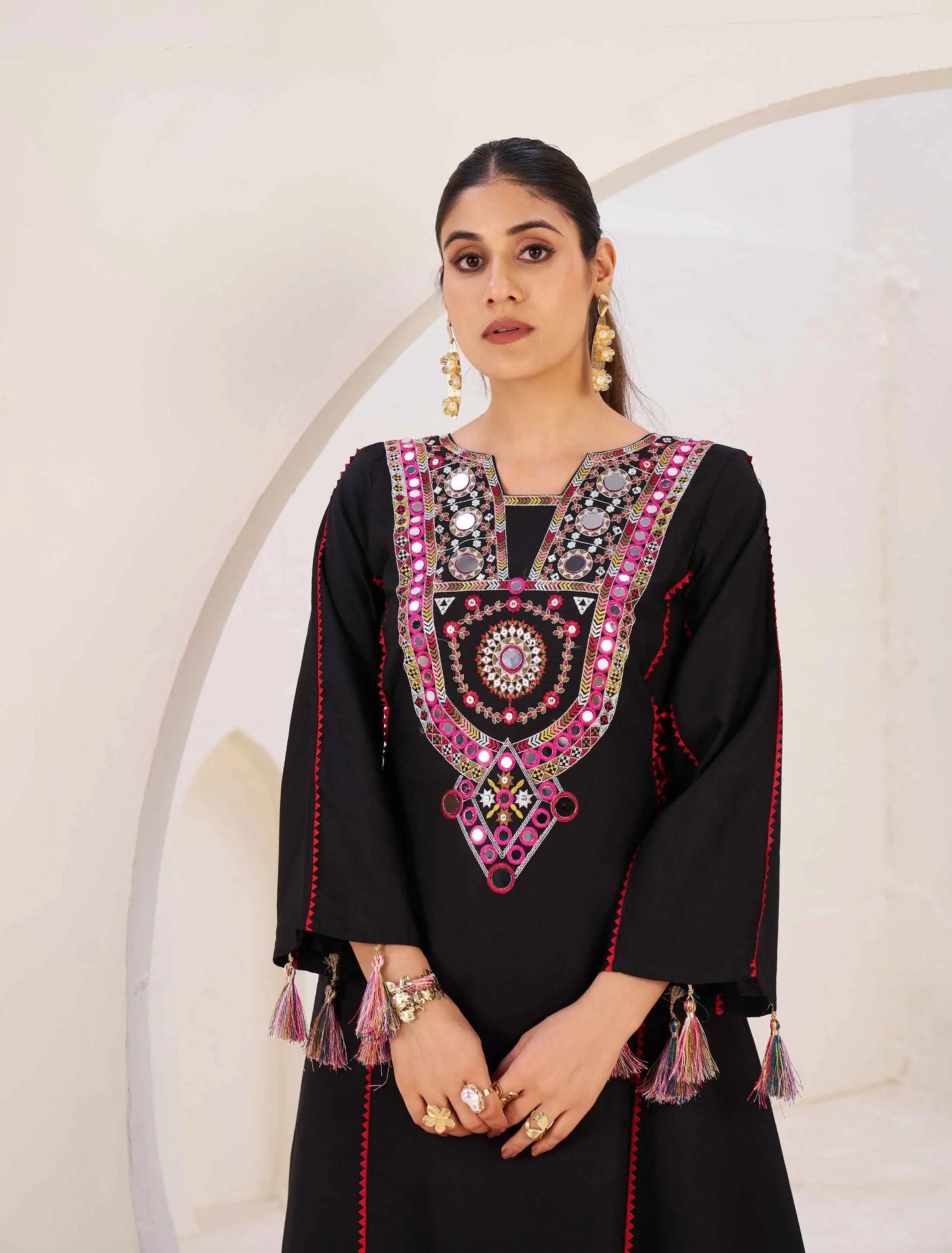 Black Thread Embroidery And Real Mirror Work Rayon Palazzo Set