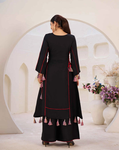 Black Thread Embroidery And Real Mirror Work Rayon Palazzo Set