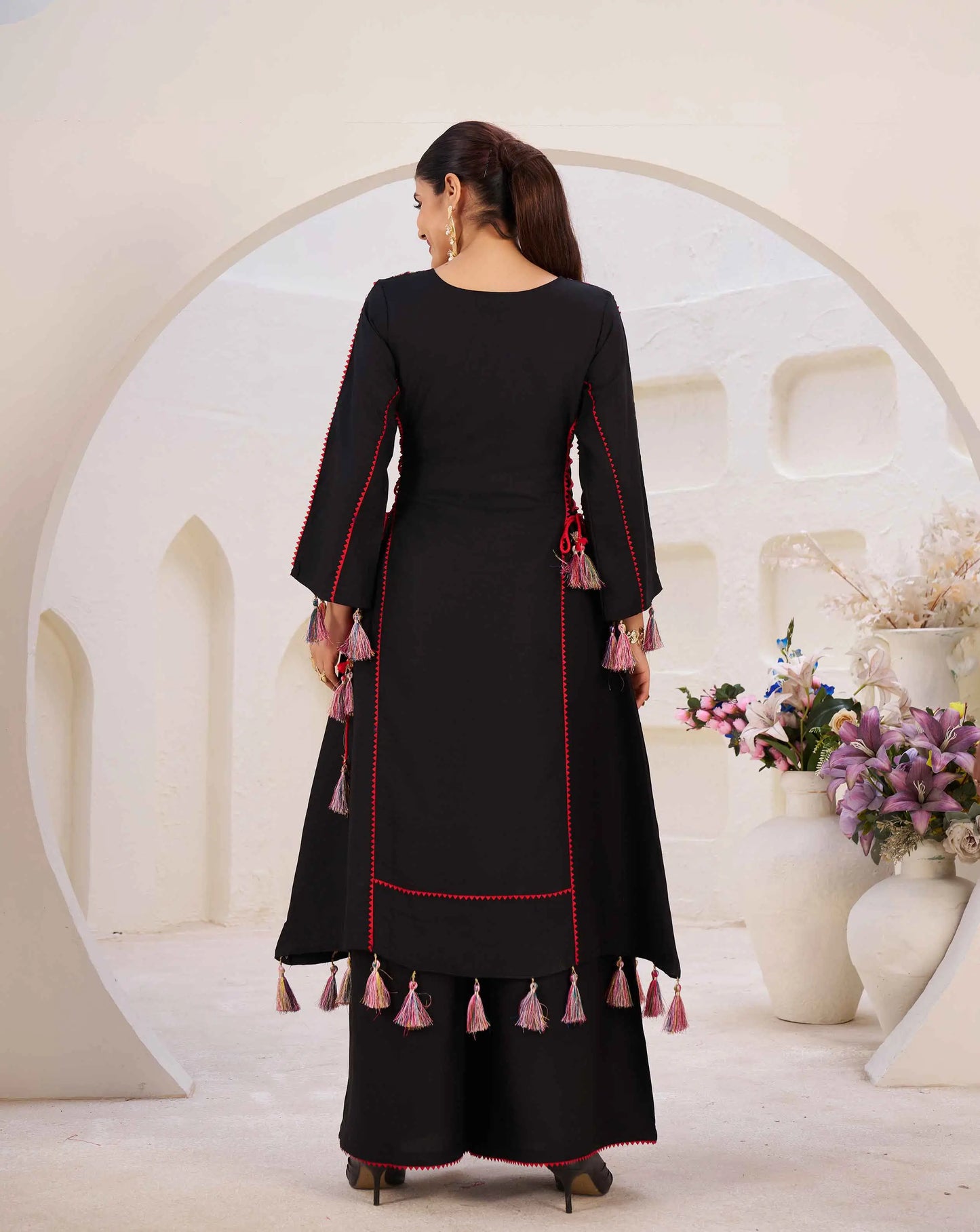 Black Thread Embroidery And Real Mirror Work Rayon Palazzo Set