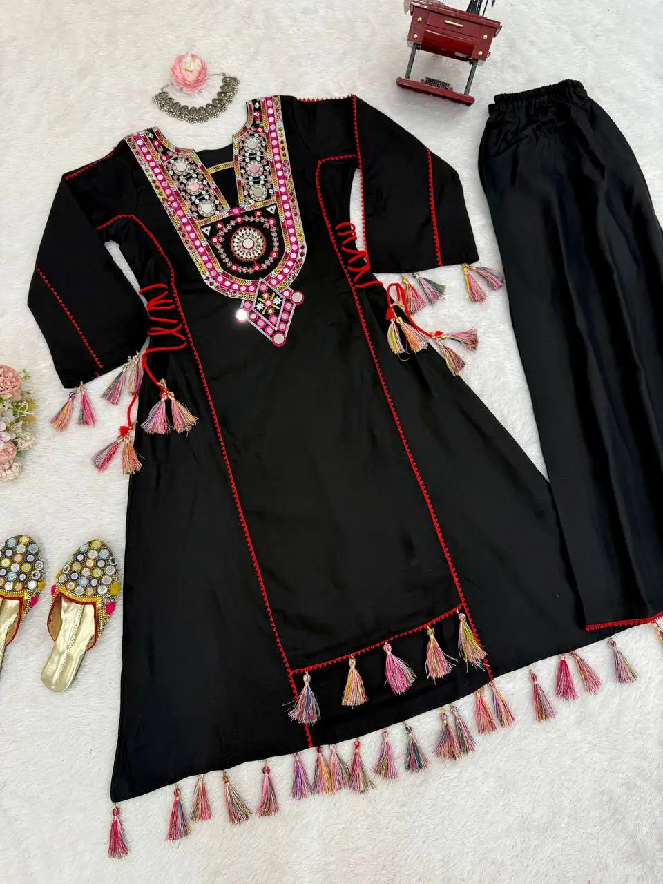 Black Thread Embroidery And Real Mirror Work Rayon Palazzo Set