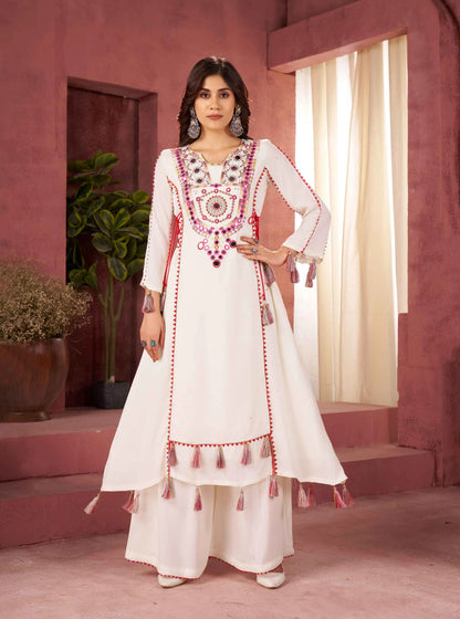 Off White Thread Embroidery And Real Mirror Work Rayon Palazzo Set