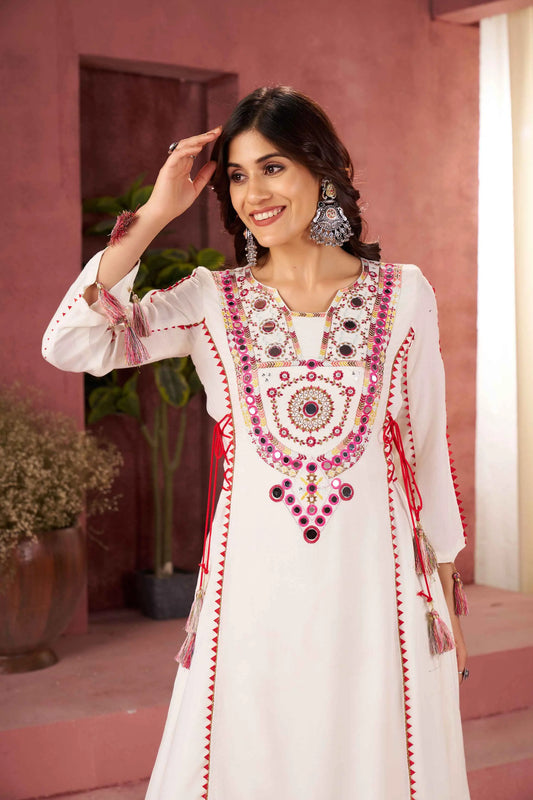 Off White Thread Embroidery And Real Mirror Work Rayon Palazzo Set