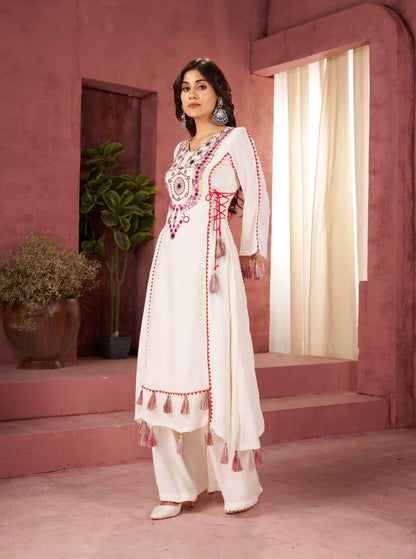 Off White Thread Embroidery And Real Mirror Work Rayon Palazzo Set