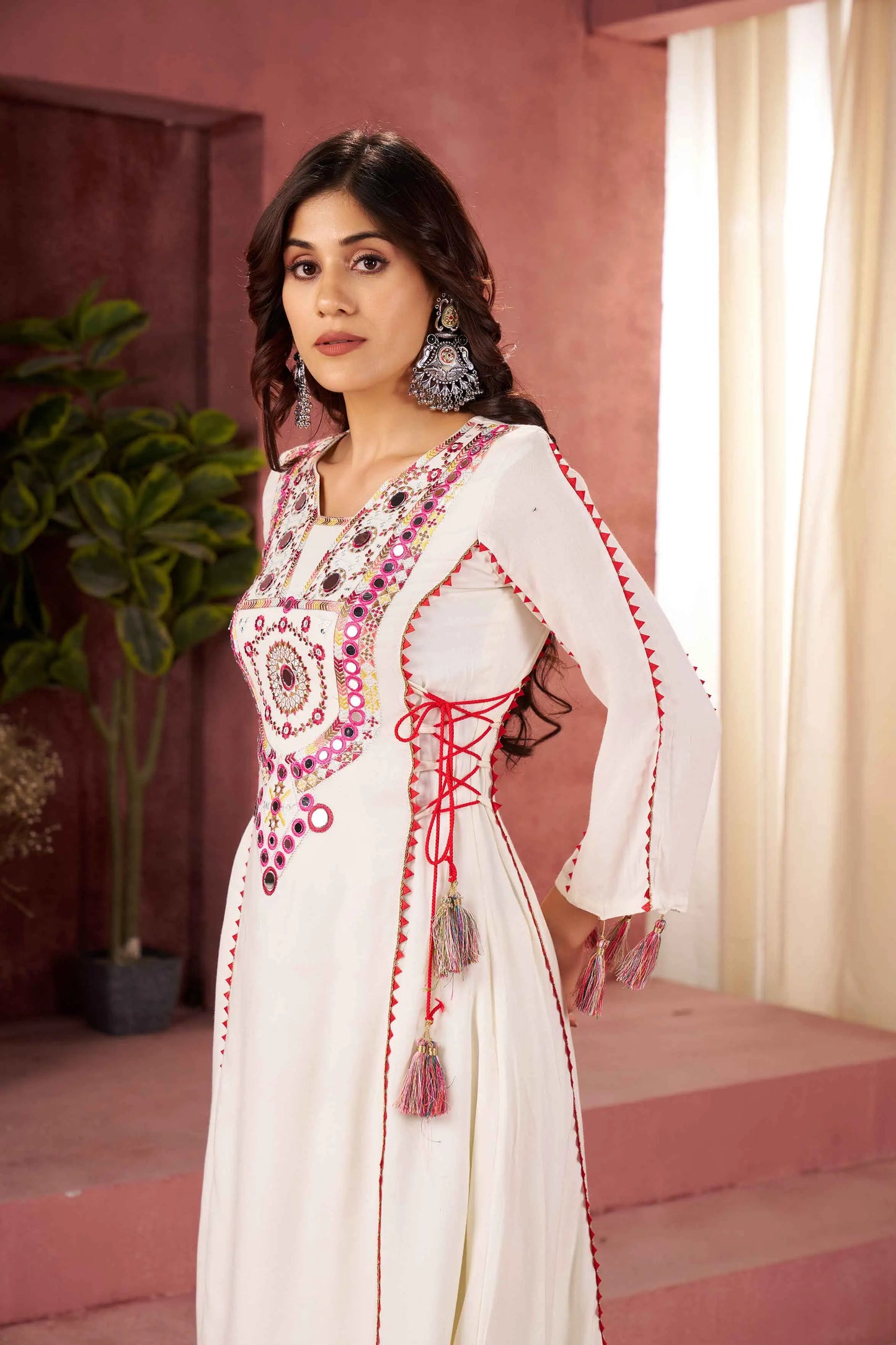 Off White Thread Embroidery And Real Mirror Work Rayon Palazzo Set