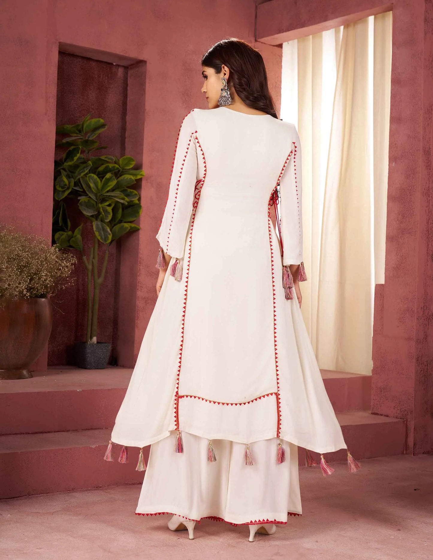 Off White Thread Embroidery And Real Mirror Work Rayon Palazzo Set