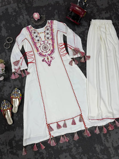 Off White Thread Embroidery And Real Mirror Work Rayon Palazzo Set
