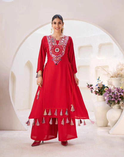 Red Thread Embroidery And Real Mirror Work Rayon Palazzo Set