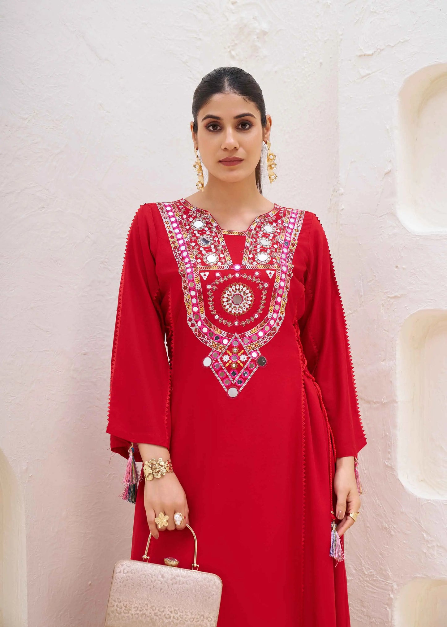 Red Thread Embroidery And Real Mirror Work Rayon Palazzo Set