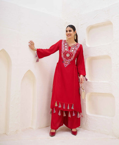 Red Thread Embroidery And Real Mirror Work Rayon Palazzo Set