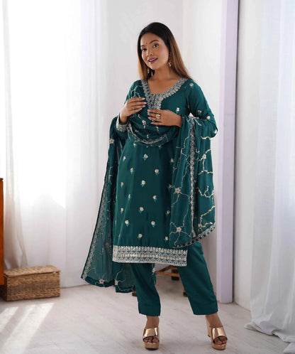 Dark Teal Blue Sequins Embroidery Work Salwar Suit With Dupatta