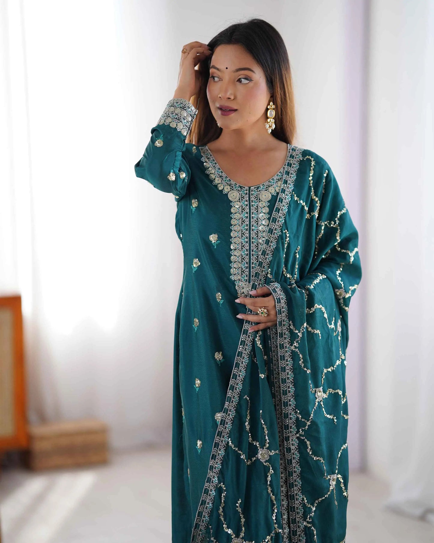 Dark Teal Blue Sequins Embroidery Work Salwar Suit With Dupatta