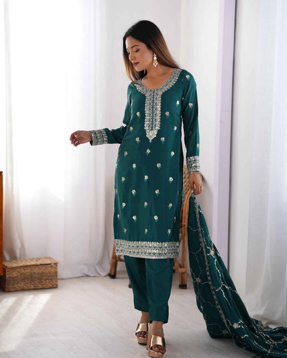 Dark Teal Blue Sequins Embroidery Work Salwar Suit With Dupatta