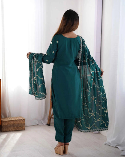 Dark Teal Blue Sequins Embroidery Work Salwar Suit With Dupatta