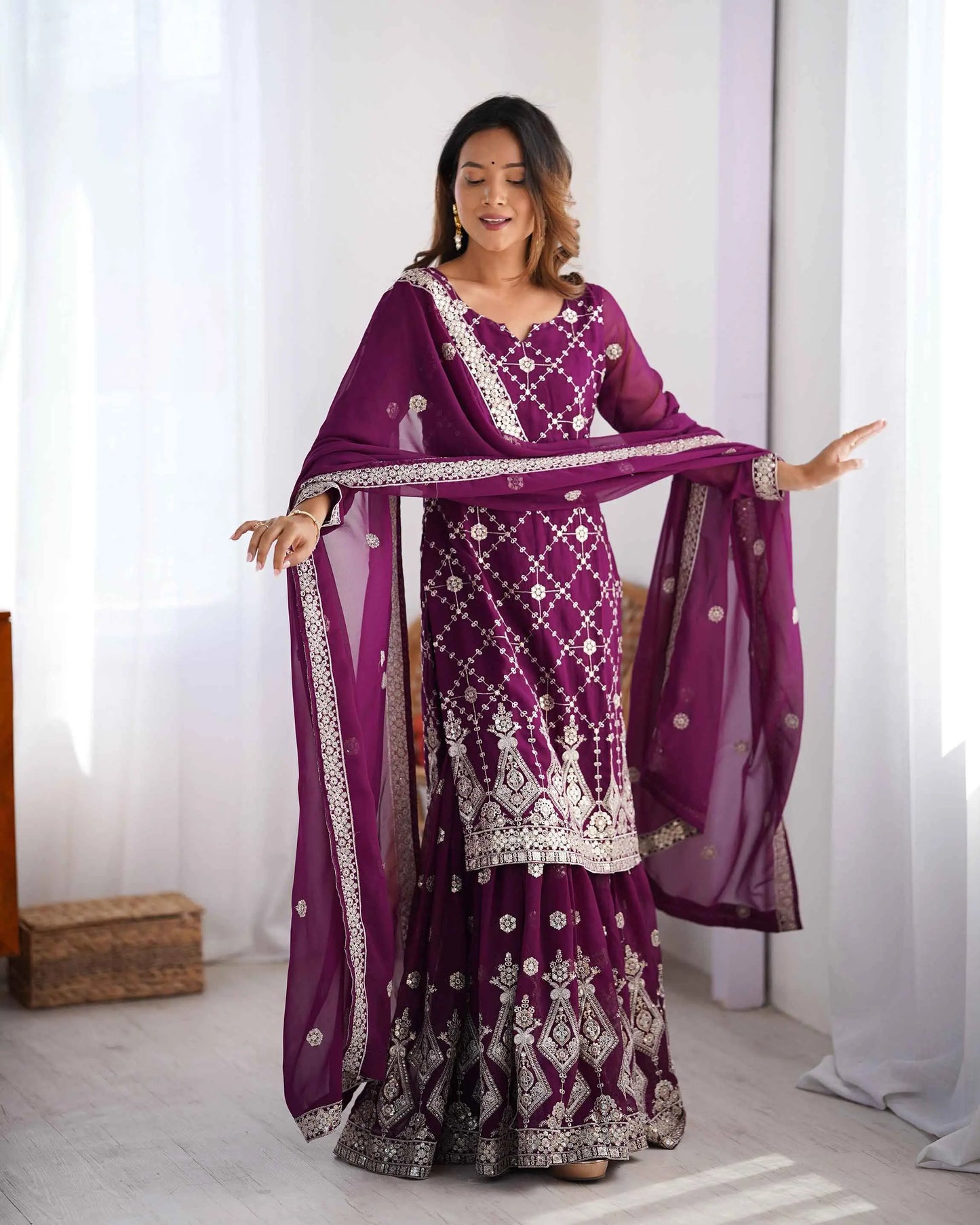 Wine Berry Sequins Embroidery Work Sharara Set With Dupatta