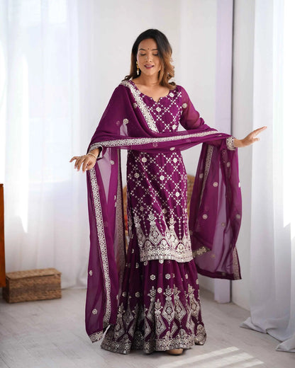 Wine Berry Sequins Embroidery Work Sharara Set With Dupatta