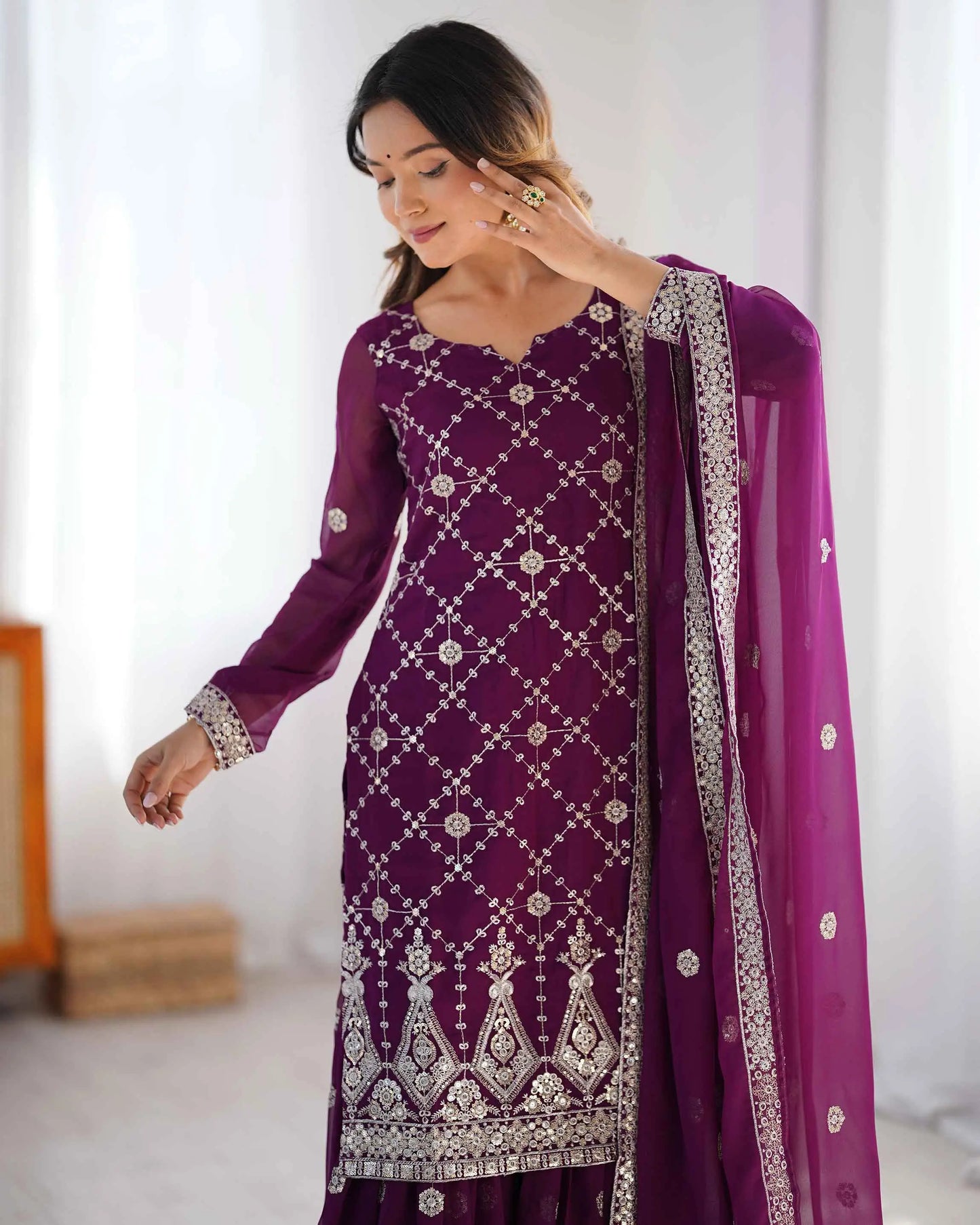 Wine Berry Sequins Embroidery Work Sharara Set With Dupatta