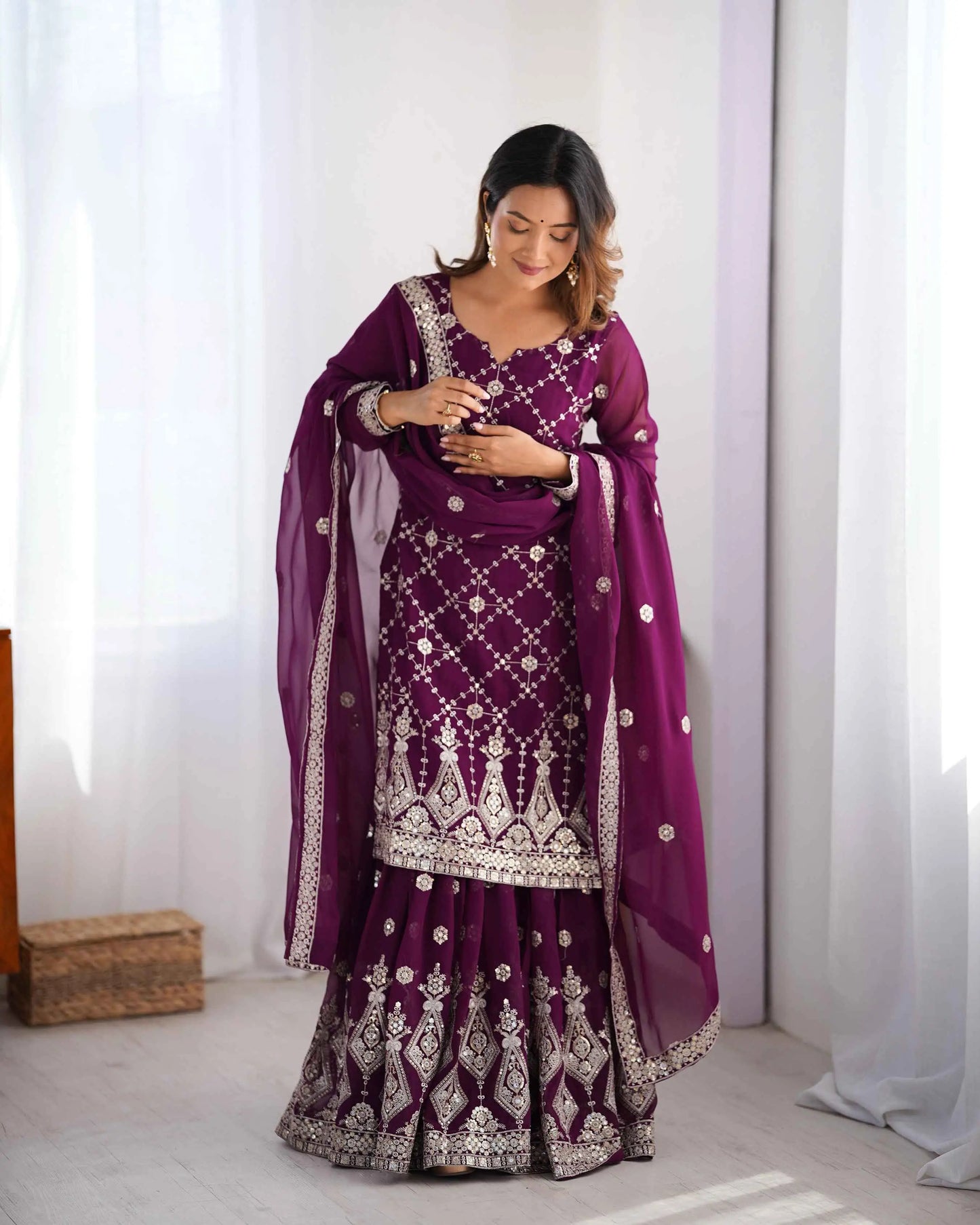 Wine Berry Sequins Embroidery Work Sharara Set With Dupatta