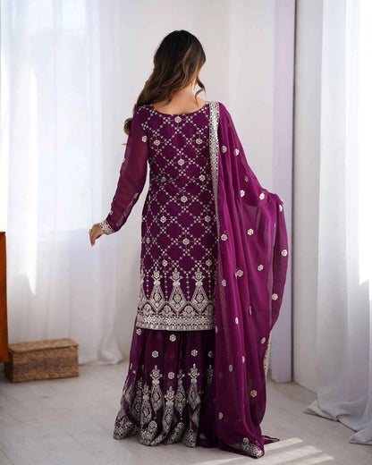 Wine Berry Sequins Embroidery Work Sharara Set With Dupatta