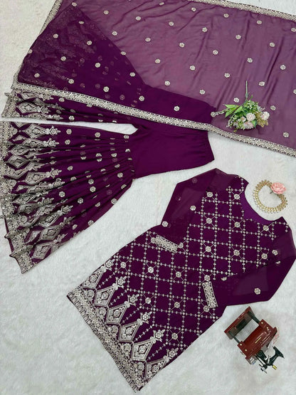 Wine Berry Sequins Embroidery Work Sharara Set With Dupatta