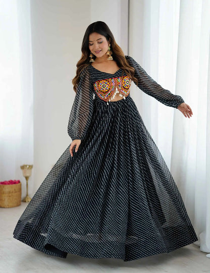 Black Laheriya Print Chain Stitch And Kodi Wok Navratri Gown With Baloon Sleeve
