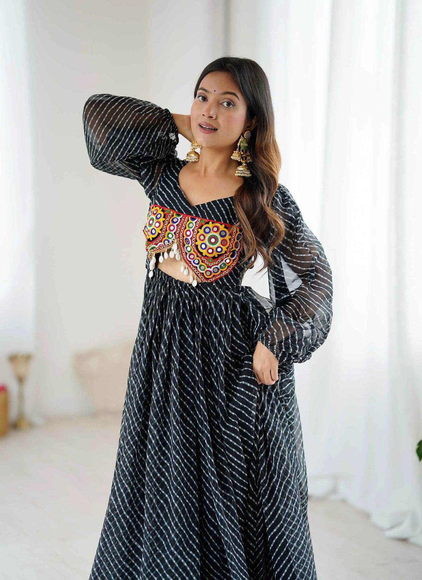 Black Laheriya Print Chain Stitch And Kodi Wok Navratri Gown With Baloon Sleeve