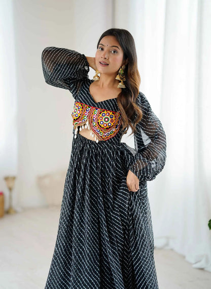 Black Laheriya Print Chain Stitch And Kodi Wok Navratri Gown With Baloon Sleeve