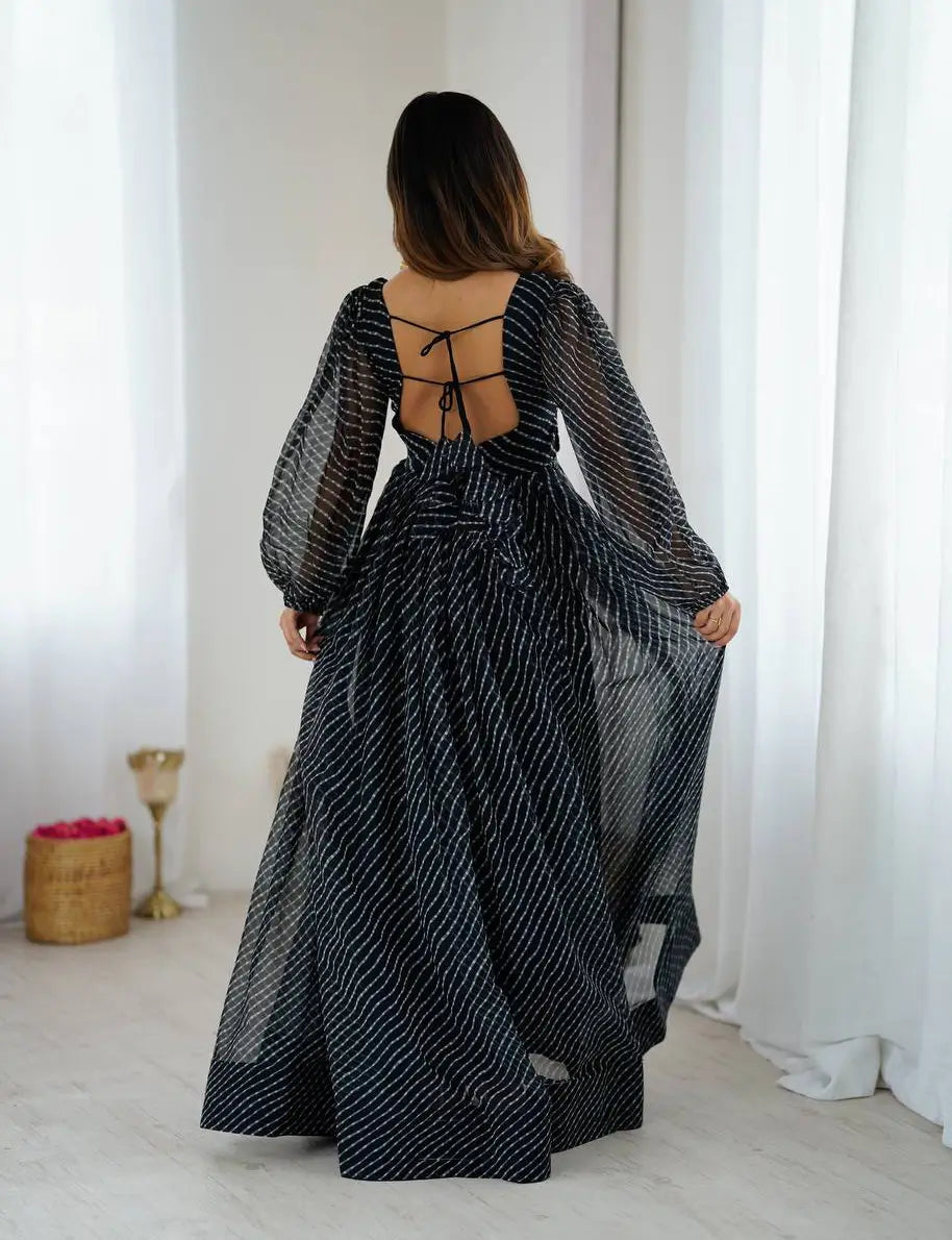 Black Laheriya Print Chain Stitch And Kodi Wok Navratri Gown With Baloon Sleeve