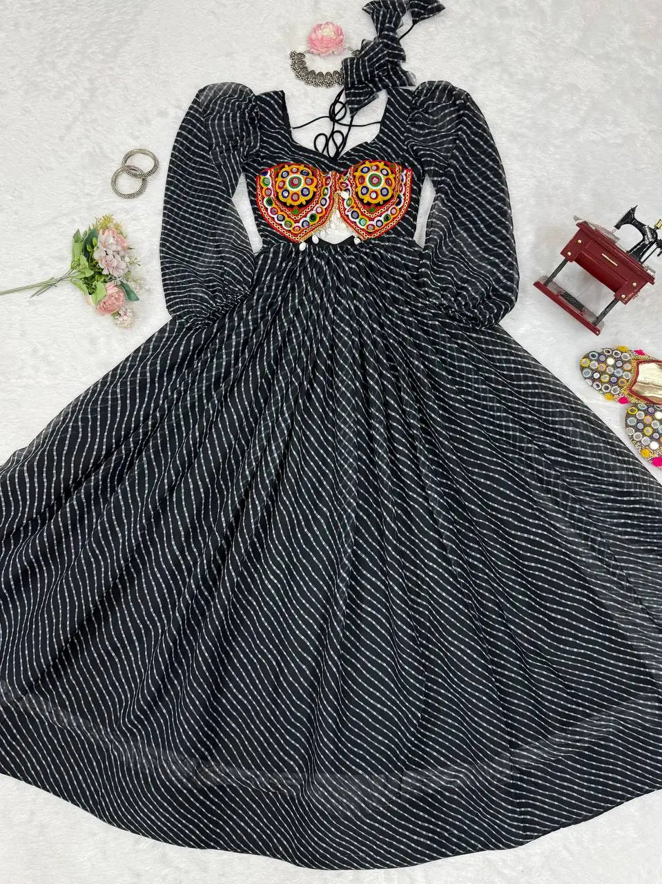 Black Laheriya Print Chain Stitch And Kodi Wok Navratri Gown With Baloon Sleeve