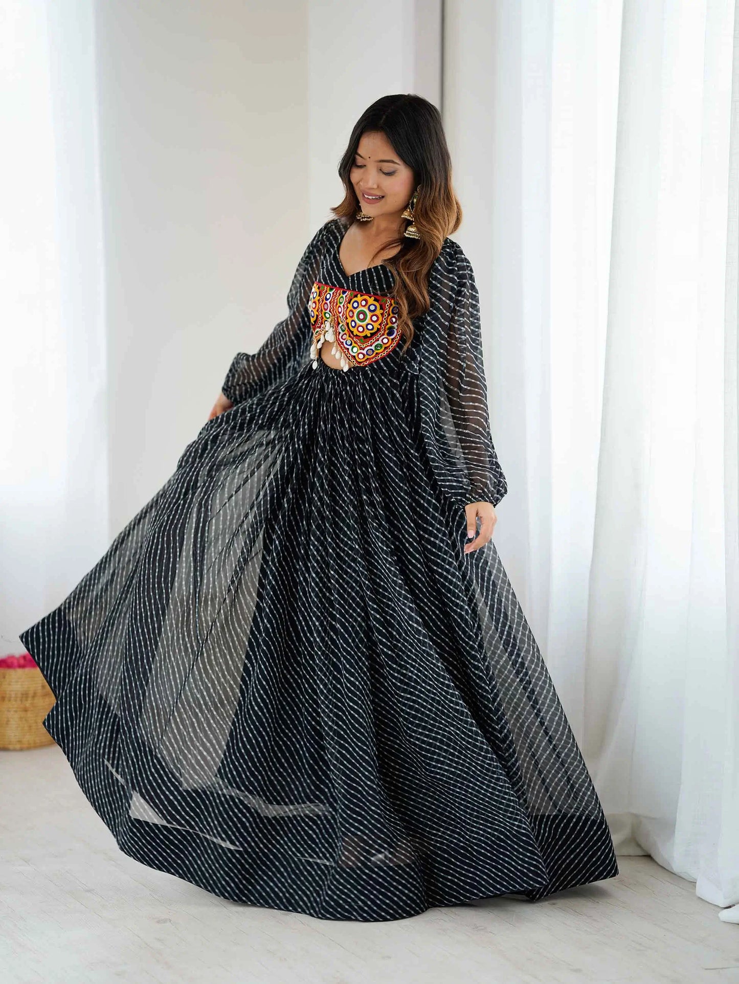 Black Laheriya Print Chain Stitch And Kodi Wok Navratri Gown With Baloon Sleeve