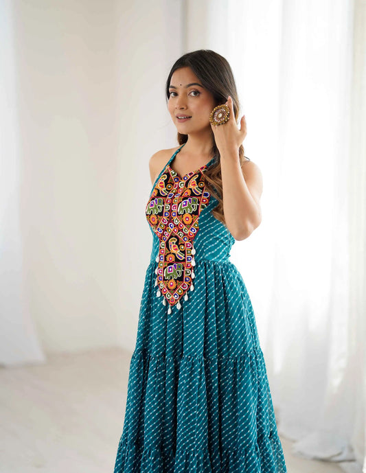 Teal Blue Laheriya Print Chain Stitch Mirror Wok Navratri Gown