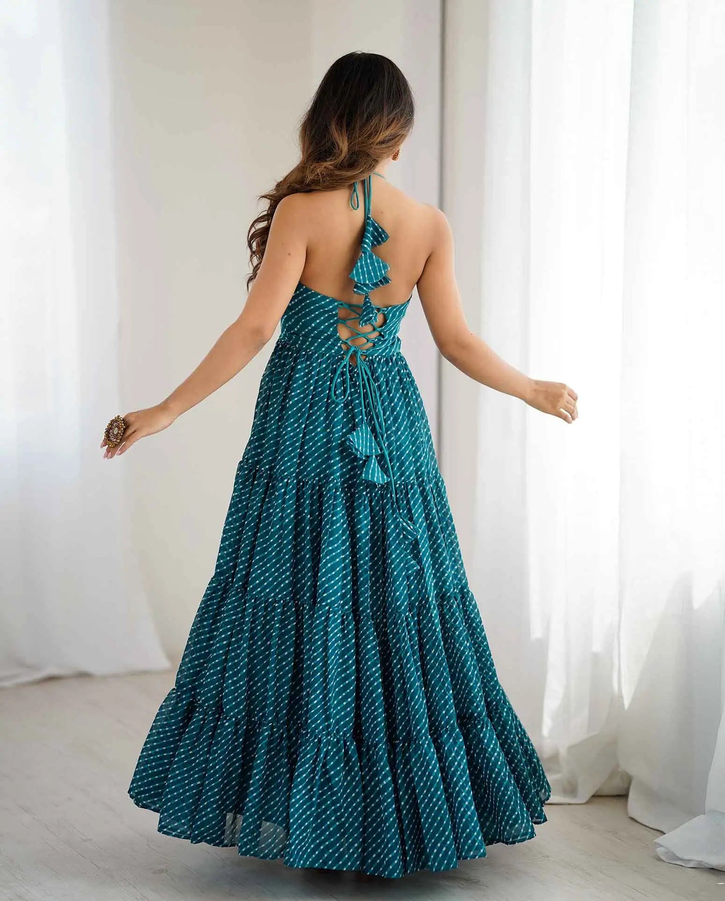 Teal Blue Laheriya Print Chain Stitch Mirror Wok Navratri Gown