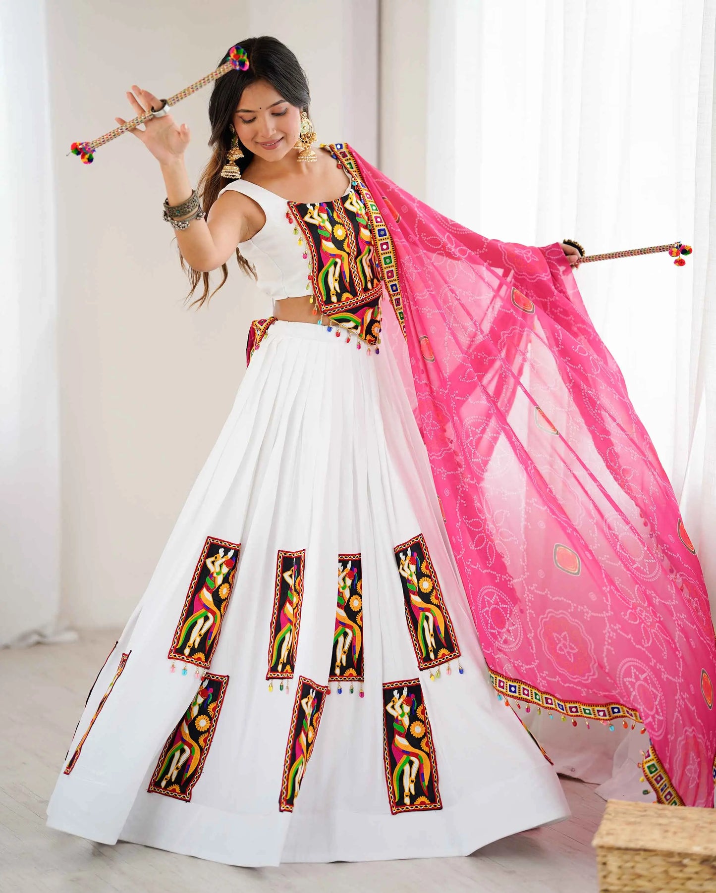 White Rayon Multi Thread Gamthi Patch Work Navratri Lehenga Choli