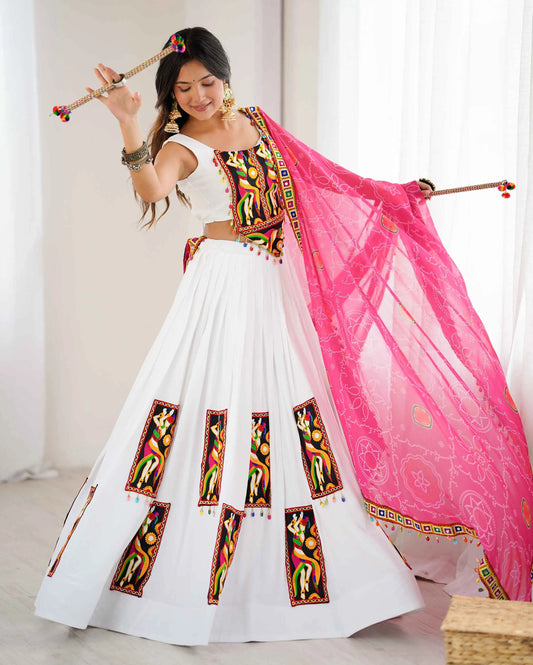 White Rayon Multi Thread Gamthi Patch Work Navratri Lehenga Choli