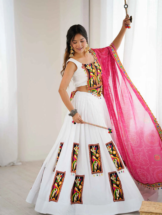 White Rayon Multi Thread Gamthi Patch Work Navratri Lehenga Choli