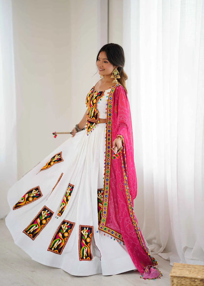 White Rayon Multi Thread Gamthi Patch Work Navratri Lehenga Choli