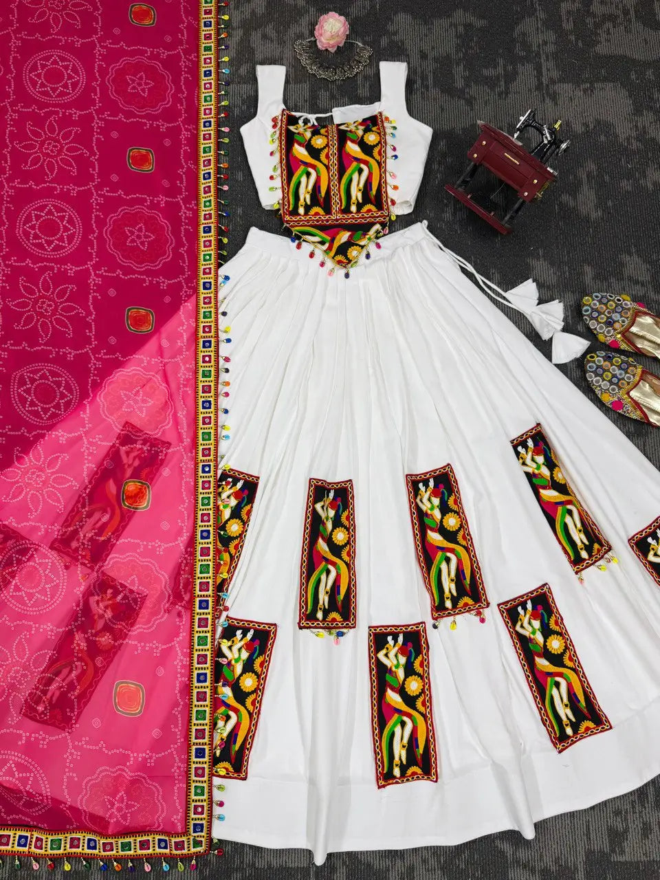 White Rayon Multi Thread Gamthi Patch Work Navratri Lehenga Choli