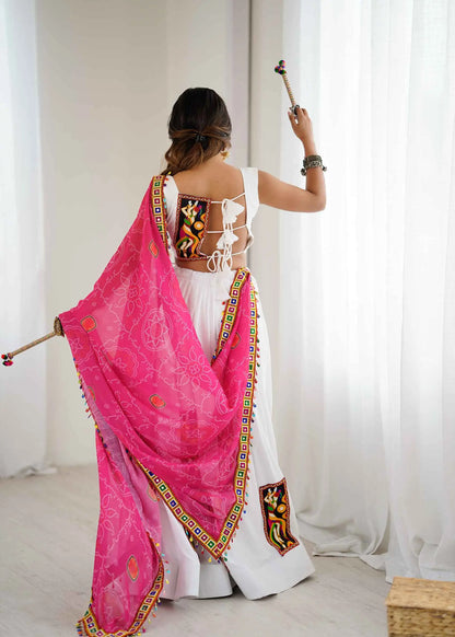 White Rayon Multi Thread Gamthi Patch Work Navratri Lehenga Choli