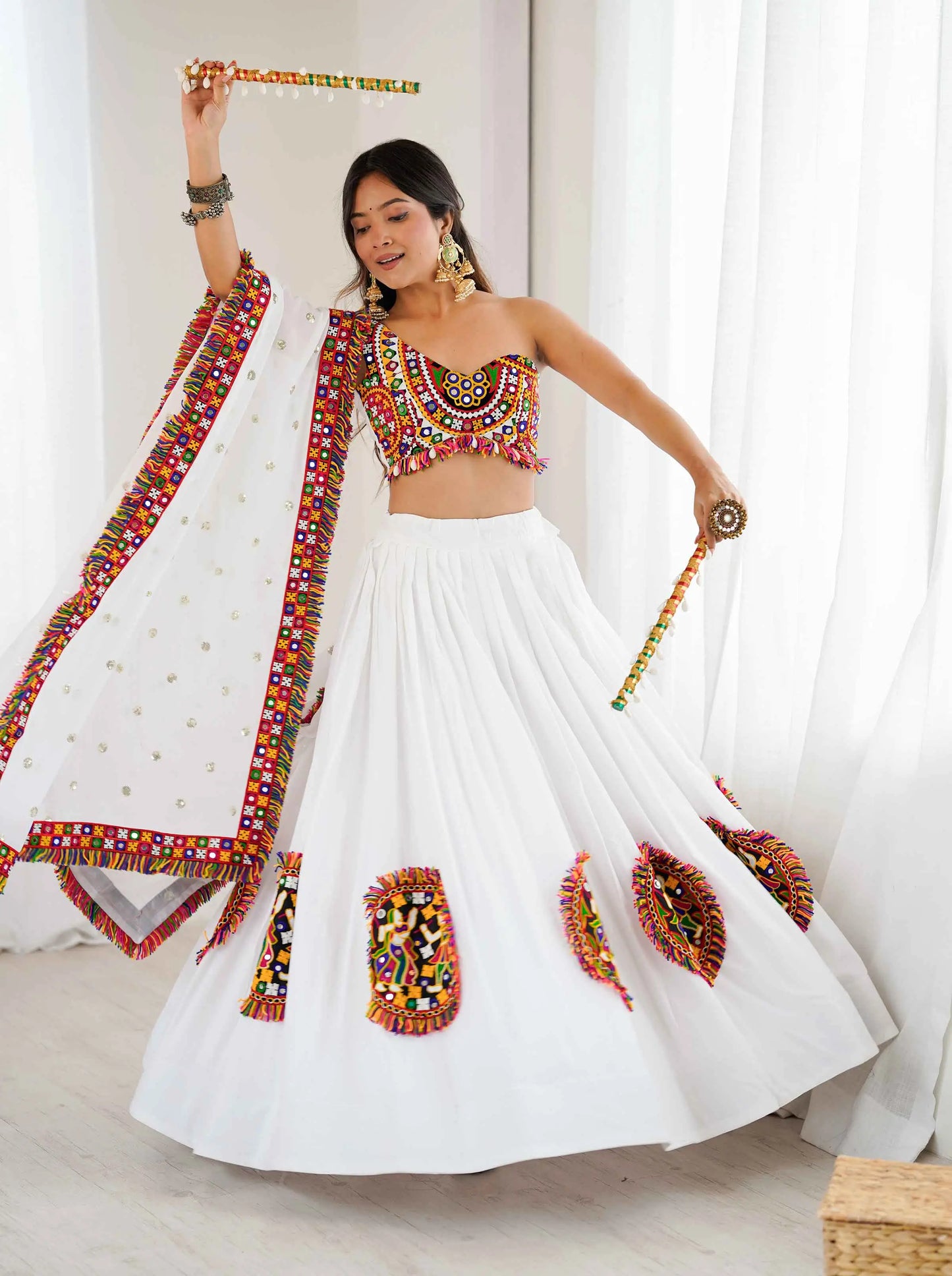 White Multi Thread Gamthi Patch Work Rayon Navratri Lehenga Choli