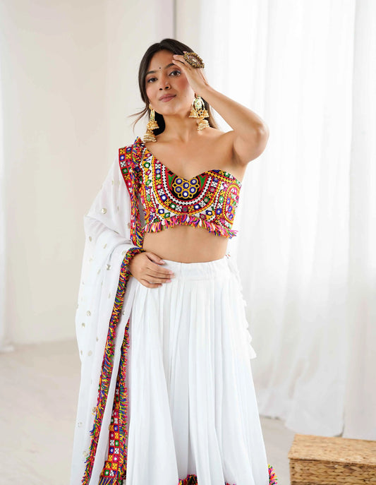 White Multi Thread Gamthi Patch Work Rayon Navratri Lehenga Choli